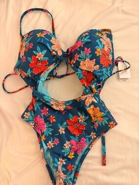Shade & Shore Blue Teal Floral One-Piece Swimsuit